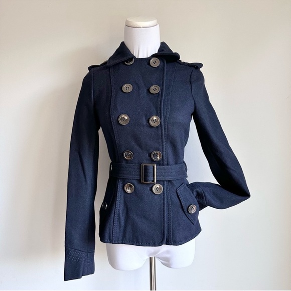 H&M DIVIDED Navy Blue Wool Double Breasted Belted Fitted Pea Coat - Picture 1 of 16
